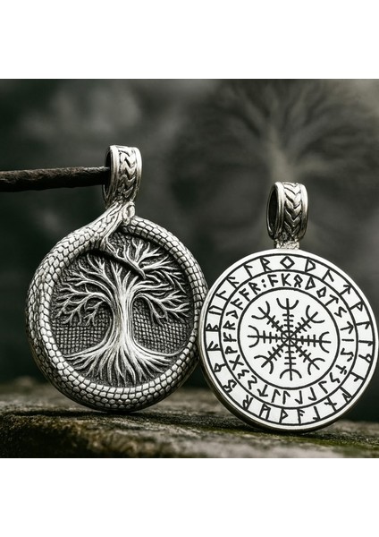 Çift Taraflı Yggdrasil Hayat Ağacı Viking Vegvisir Runik Pusula – Ouroboros Yılan Motifli Kolye