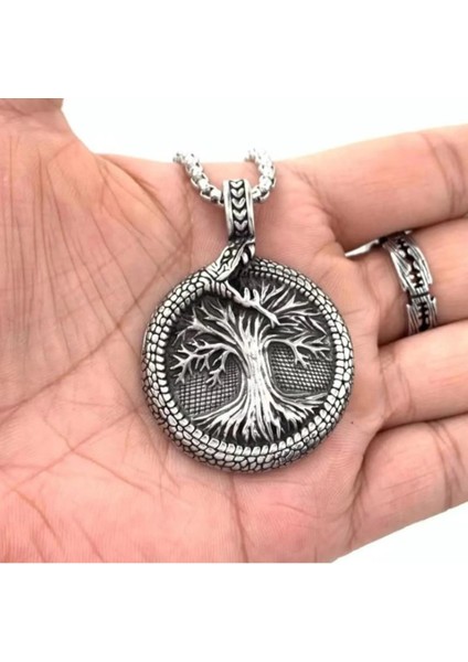 Çift Taraflı Yggdrasil Hayat Ağacı Viking Vegvisir Runik Pusula – Ouroboros Yılan Motifli Kolye fiyatları