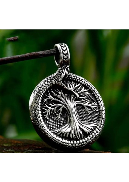 Çift Taraflı Yggdrasil Hayat Ağacı Viking Vegvisir Runik Pusula – Ouroboros Yılan Motifli Kolye modelleri