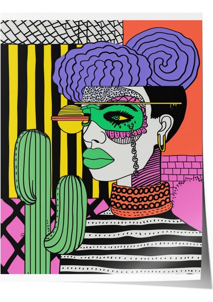 Çerçevesiz Poster, Kadın Portresi, Kaktüsler ve Geometri, Dijital Pop Art Poster No: 106585