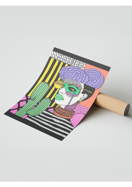 Çerçevesiz Poster, Kadın Portresi, Kaktüsler ve Geometri, Dijital Pop Art Poster No: 106585 modelleri
