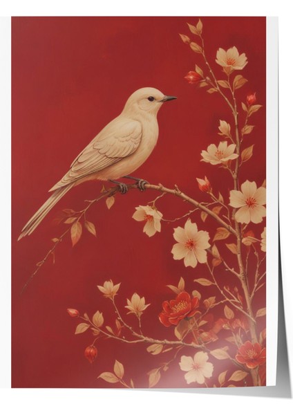 Çerçevesiz Poster, Kuş ve Çiçek Deseni, Kırmızı Arka Plan, Minimal Stil Poster No: 107514