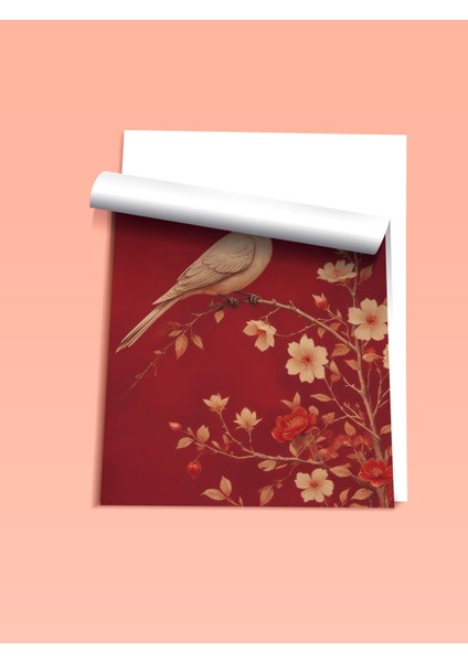Çerçevesiz Poster, Kuş ve Çiçek Deseni, Kırmızı Arka Plan, Minimal Stil Poster No: 107514 fiyatları