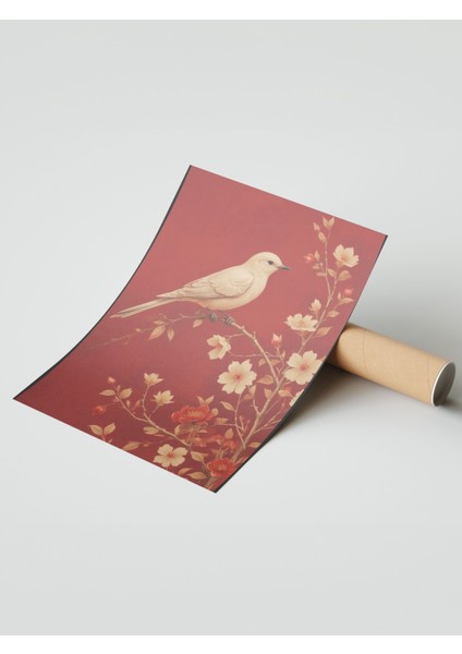 Çerçevesiz Poster, Kuş ve Çiçek Deseni, Kırmızı Arka Plan, Minimal Stil Poster No: 107514 modelleri