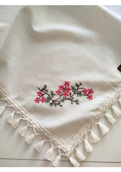Yumuşak Organik Otantik Çift Taraflı Nakış Işlemeli 95X95 cm Saçaklı Keten Masa Örtüsü fırsatları