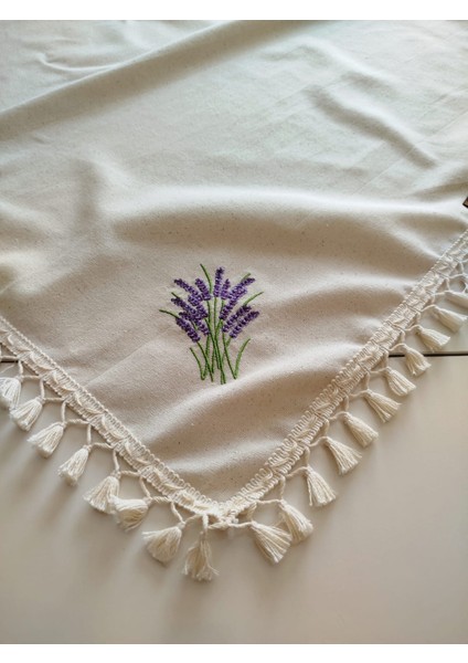 Yumuşak Organik Otantik Çift Taraflı Nakış Işlemeli 95X95 cm Saçaklı Keten Masa Örtüsü fırsatları