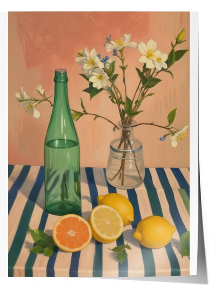 Çerçevesiz Poster, Cam Şişeler, Çiçek ve Limon Detayı, Pastel Arka Plan Poster No: 107519