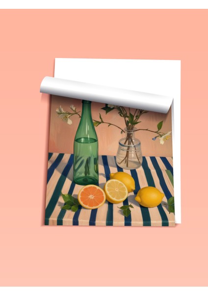 Çerçevesiz Poster, Cam Şişeler, Çiçek ve Limon Detayı, Pastel Arka Plan Poster No: 107519 fiyatları