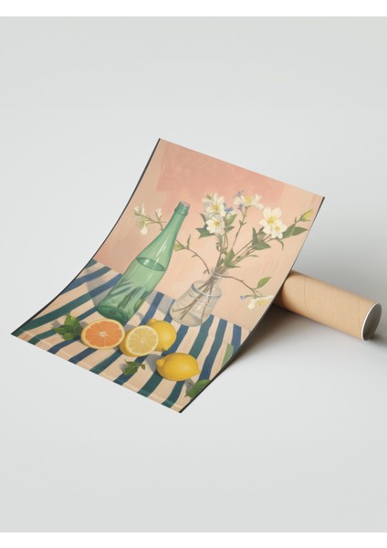 Çerçevesiz Poster, Cam Şişeler, Çiçek ve Limon Detayı, Pastel Arka Plan Poster No: 107519 modelleri