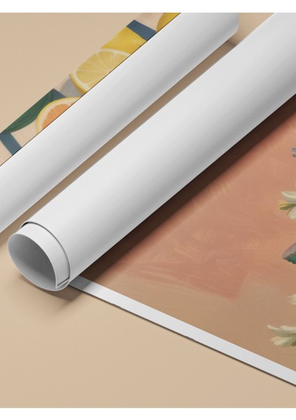 Çerçevesiz Poster, Cam Şişeler, Çiçek ve Limon Detayı, Pastel Arka Plan Poster No: 107519 fırsatları