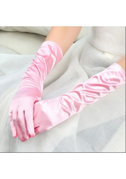 Uzun Boy Ekstra Parlak Saten Eldiven Pembe Renk