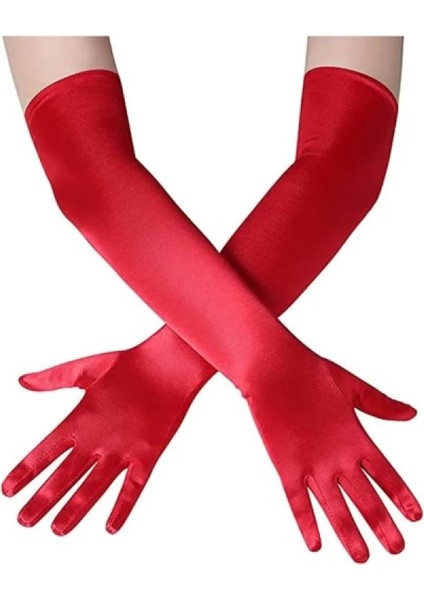 Uzun Boy Ekstra Parlak Saten Eldiven Kırmızı Renk modelleri