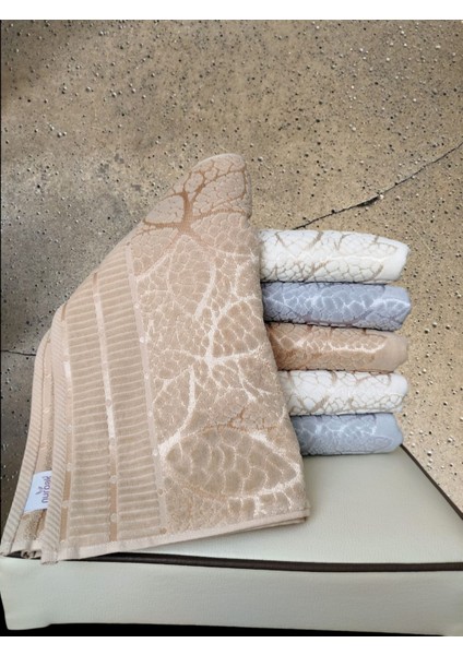 Kadife Jakarlı Yaprak Desenli 6 Adet 50X90 cm El Yüz Havlusu Gri-Kahve-Bej
