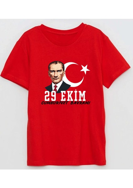 Yeni 29 Ekim Cumhuriyet Bayramı Atatürk Baskılı Pamuklu Çocuk T-Shirt