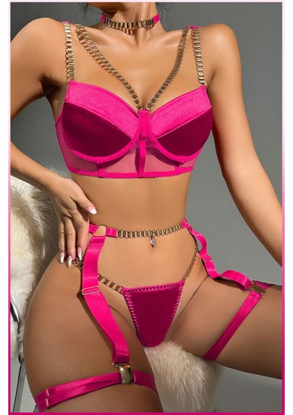 Fuşya Merdiven Zincirli Göğüs Balenli Kadın Seksi Jartiyer Takım modelleri