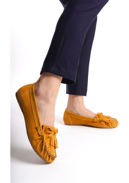 Bayan BABETPS-100 Hardal Süet Püsküllü Günlük Kadın Babet modelleri