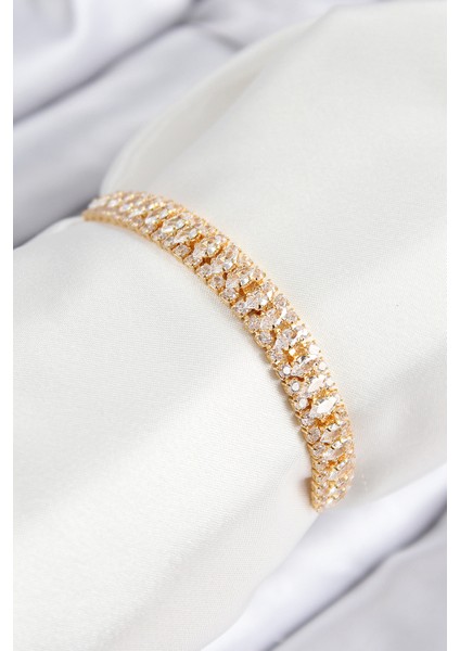 Pirinç Zirkon Taşlı Tennıs Model Gold Renk Asansörlü Kadın Bileklik