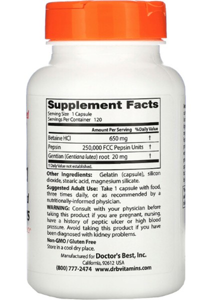 Doctor's Best Betaine Hcl Pepsin & Gentian Bitters 120 Capsules.abd Menşei. 3840 fiyatları