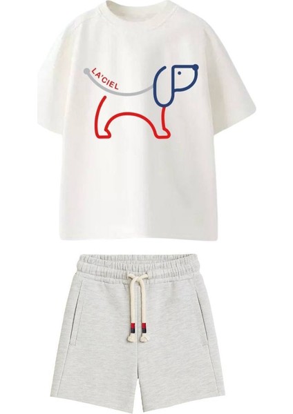 La Ciel Köpek Desenli Takım – Ekru Tişört & Gri Şort