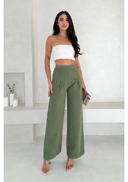 Pamuk Yıkamalı Yağmur Desen Dantelli Pantolon Yeşil
