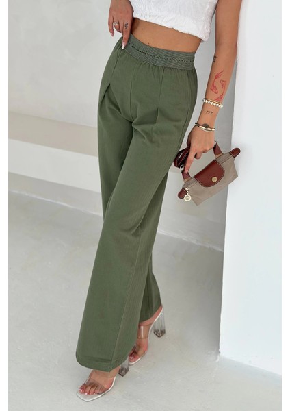 Pamuk Yıkamalı Yağmur Desen Dantelli Pantolon Yeşil modelleri