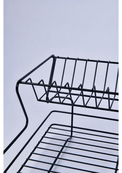 Mini Delux Çift Katlı Ömürlük Paslanmaz Tepsili Kaşıklıklı Siyah Bulaşıklık Bulaşık Sepeti Tabaklık Bulaşık Kurutma Sepeti