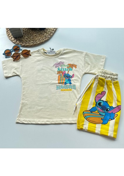 Stitch Hawaii Baskılı Sarı Şortlu Takım