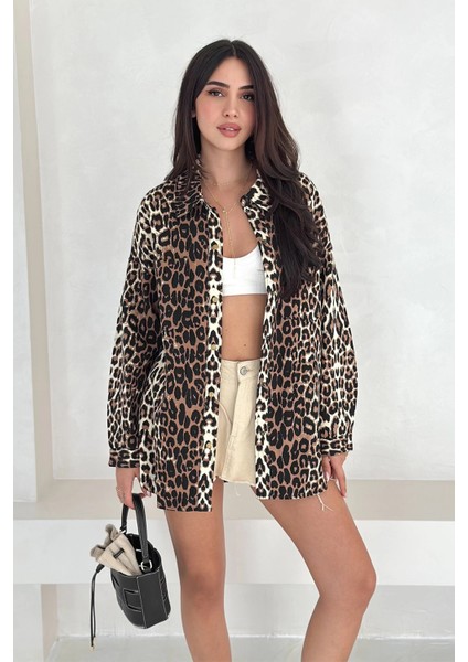Leopar Desen Gabardin Gömlek