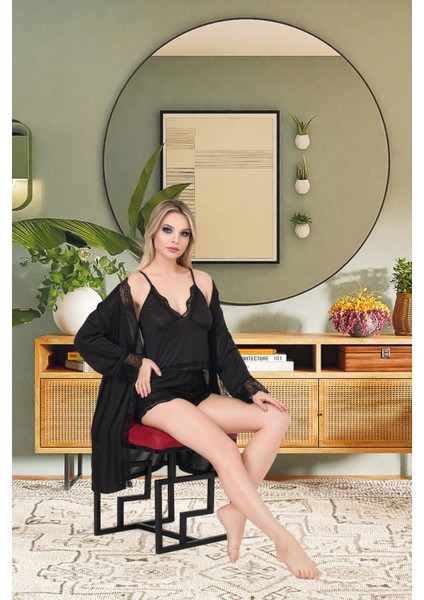 Izabel Kadın Desanlli Üçlü Şortlu Sabahlık Takım