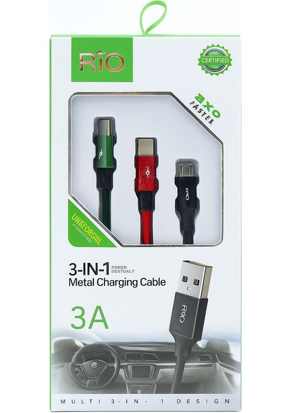 Riotech 3in1 Örgülü Kablo Type-C To Type-C&lightning