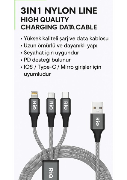 Riotech 3in1 Örgülü Kablo Type-C To Type-C&lightning fiyatları