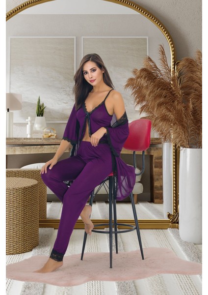 Izabel Kadın Üçlü Sabahlık Desanllı Fantazi Pijama Takım