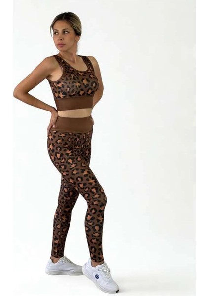 3D Baskılı Özel Tasarım Premium Kalite Crop ve Yüksek Bel Tayt Leopar Takım modelleri