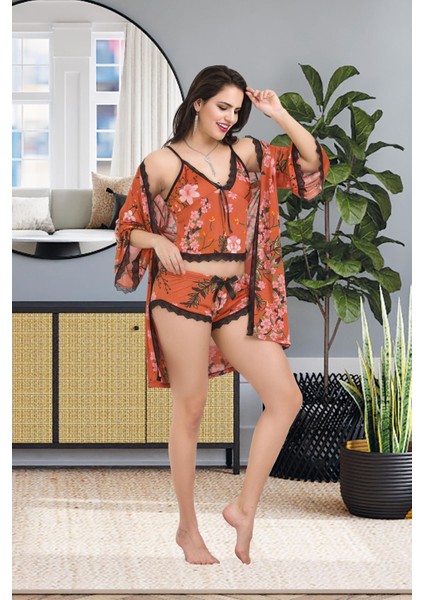 Izabel Kadın Desanlli Üçlü Şortlu Sabahlık Takım