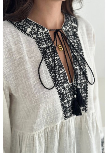 Etnik Desenli Bağlamalı Bluz Siyah modelleri