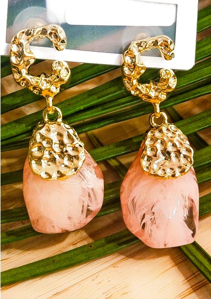 Lüks Pembe Taş Figürlü Sallantılı Küpe