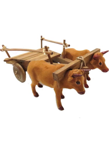 Sarı Renk Çift Öküzlü Dekoratif Ahşap Öküz Arabası