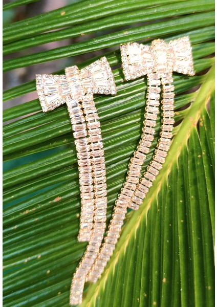 Sarı Renk Zirkon Taşlı Lüks Abiye Küpe