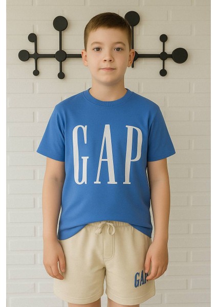 Baskılı Erkek Çocuk Şortlu Takım – Mavi/krem