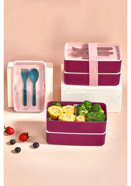 Enjoy Bordo 2 Katlı Yemek Saklama Kabı Beslenme Kutusu Seti Sporcu Diyet Öğrenci Okul Sefer Tası