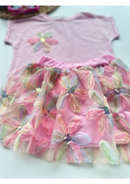Çiçekli Tüllü Kız Çocuk Elbise Takımı – Pembe modelleri