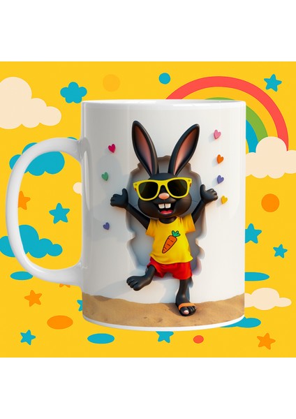 Vovabaskı Tavşan 3D Görünümlü Baskılı Porselen Kupalar Bardak