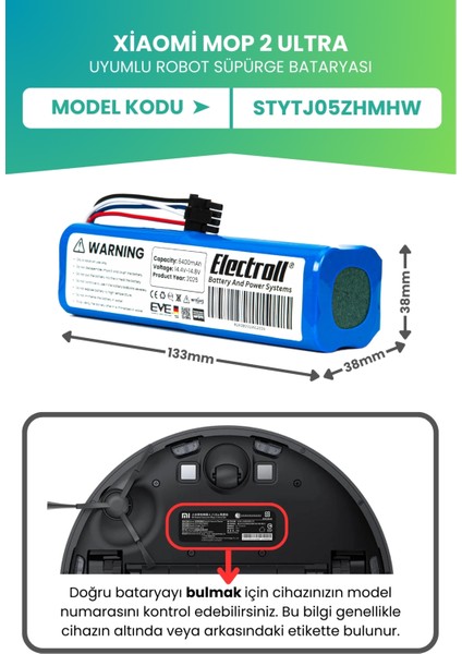 Xiaomi Mop 2 Ultra Uyumlu Batarya (Ultra Yüksek Kapasite) 6400MAH Robot Süpürge Bataryası Değişimi STYTJ05ZHMHW fiyatları