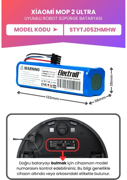 Xiaomi Mop 2 Ultra Uyumlu Batarya (Maksimum Kapasite) 70000MAH Pil Robot Süpürge Bataryası Değişimi STYTJ05ZHMHW fiyatları