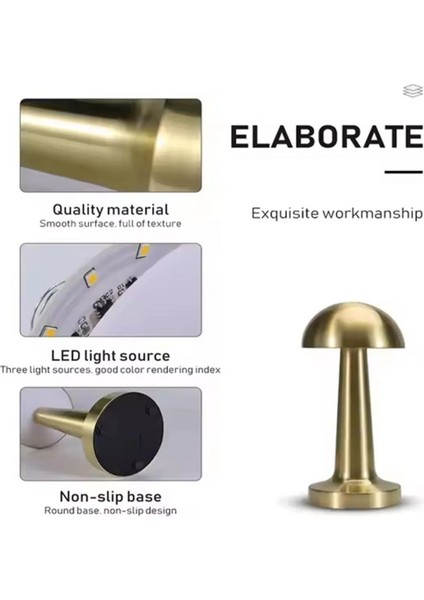 Dokunmatik Şarjlı 3 Kademeli Işıklı Gece Lambası USB Girişli Gold Metal Mantar Masa Lambası fırsatları
