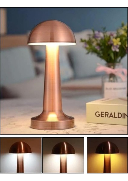Şarjlı 3 Işık Renkli Mantar Masa Lambası, Metal Rose Gold Detay