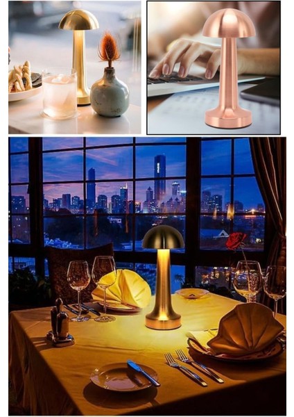 Şarjlı 3 Işık Renkli Mantar Masa Lambası, Metal Rose Gold Detay modelleri