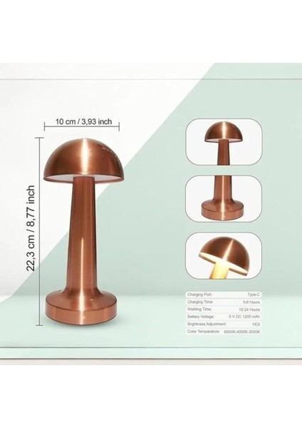 Şarjlı 3 Işık Renkli Mantar Masa Lambası, Metal Rose Gold Detay