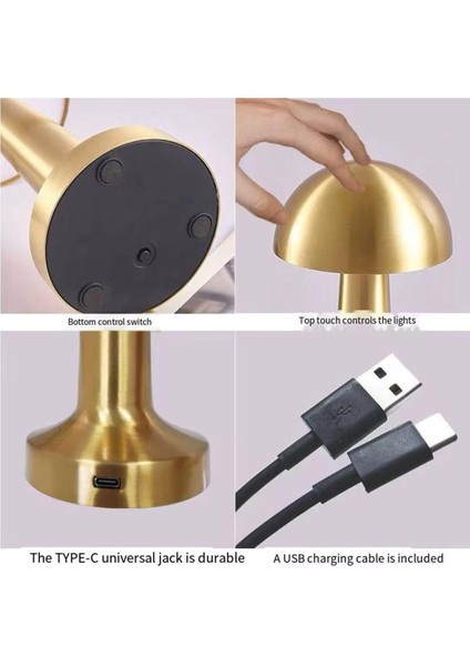 Mantar Masa Lambası Retro Gold Altın Renkli Typc-E Şarjlı Dekoratif Dokunmatik Masa Lambası fırsatları