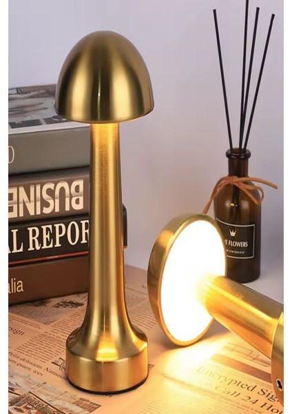 USB Şarjlı Retro Mantar Tasarımlı Gold Masa Lambası, 3 Işık Modu, Şık ve Kullanışlı
